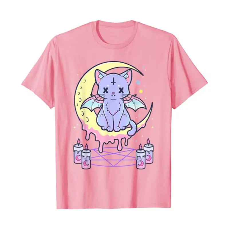 Kawaii Pastel Goth Cute Creepy Black Cat Women T shirt