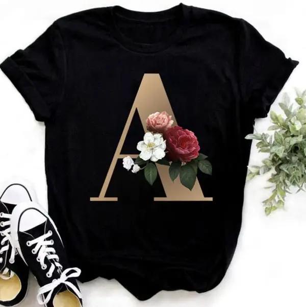 Flower Letter Alphabetic Short Sleeve T-shirt
