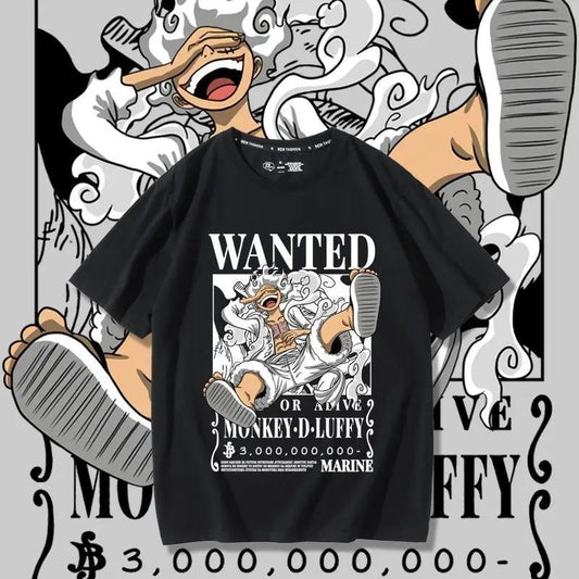 Anime One Piece Luffy Wanted Gear 5 Short Sleeve T shirt