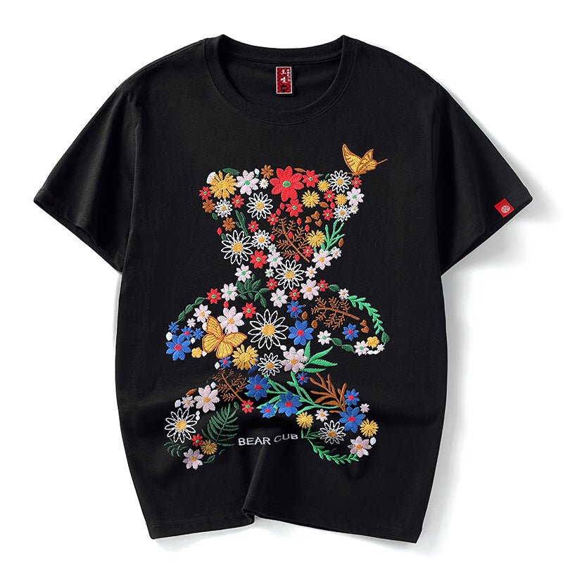 2023 Summer Korean Fashion Bear Cub Embroidery Unisex short sleeved T shirt - KataMoon