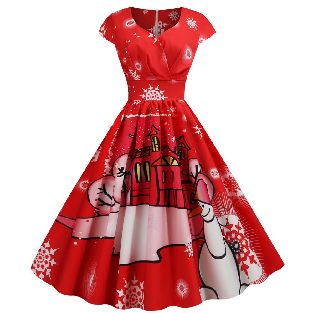8 Style of Christmas Ladies Short Sleeve V-neck Print Dress - DS0014 - KataMoon