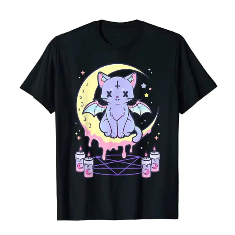 Kawaii Pastel Goth Cute Creepy Black Cat Women T shirt