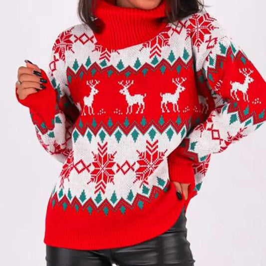 New Christmas Women Deer Snowflake Turtleneck Sweatshirt