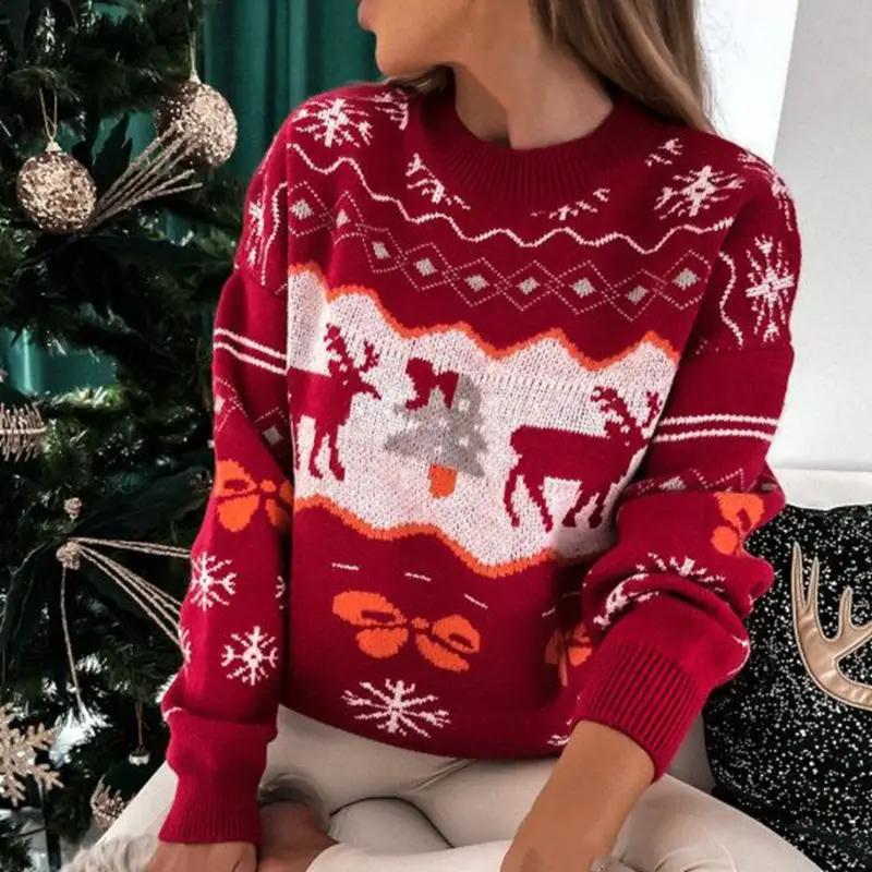 Christmas Sweaters Deer O Neck Long Sleeve Pullover Women Xmas Sweatshirt