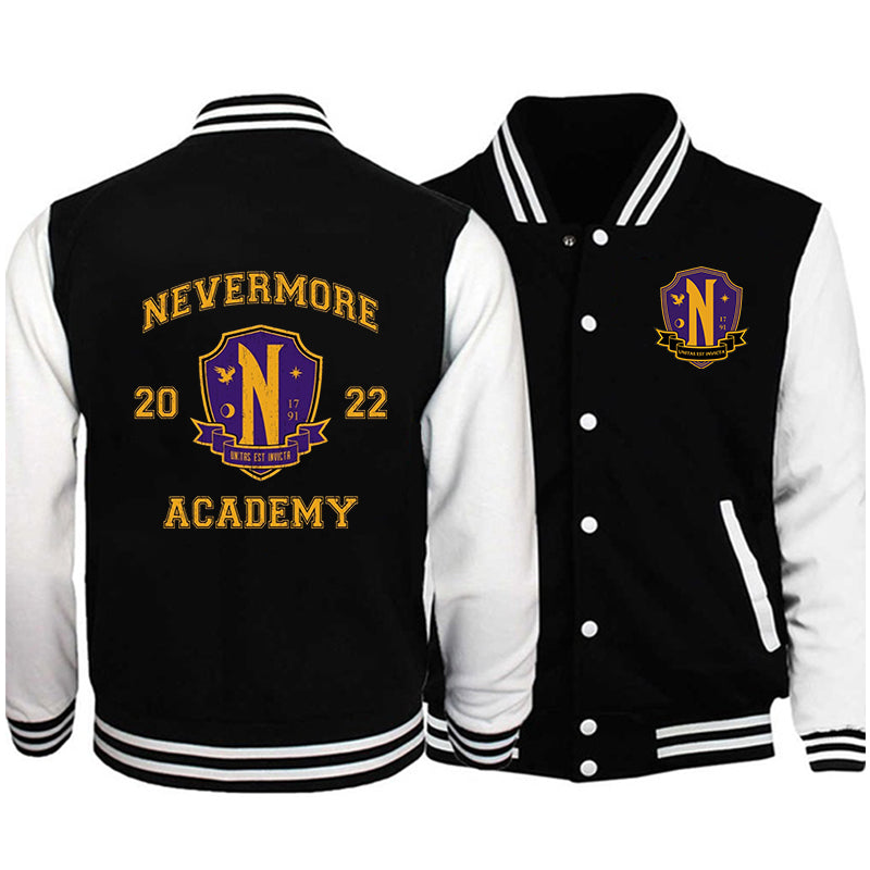 Wednesday Addams Nevermore Academy Logo Baseball Jacket