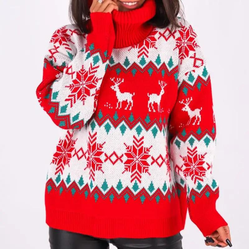 New Christmas Women Deer Snowflake Turtleneck Sweatshirt