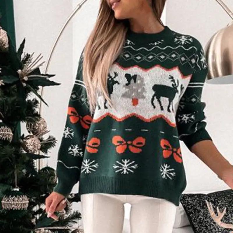 Christmas Sweaters Deer O Neck Long Sleeve Pullover Women Xmas Sweatshirt