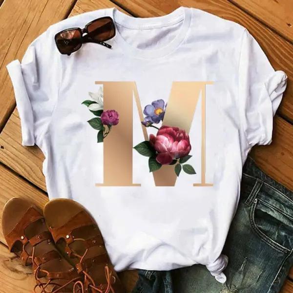 Flower Letter Alphabetic Short Sleeve T-shirt