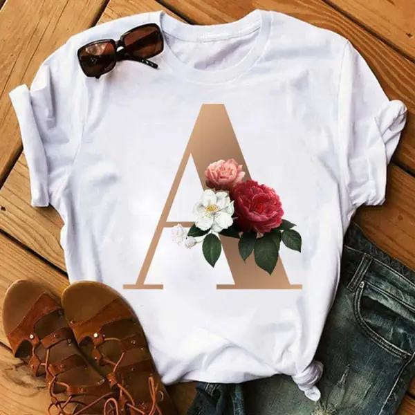 Flower Letter Alphabetic Short Sleeve T-shirt
