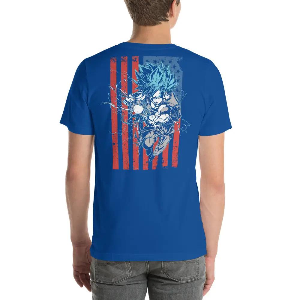 Dragon Ball Super Saiyan God Goku American flag T shirt  -  Blue