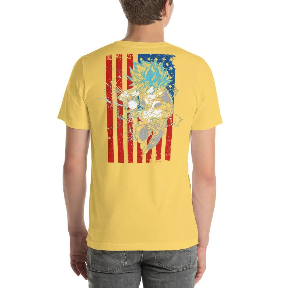 Dragon Ball Super Saiyan God Goku American flag T shirt  -  Yellow